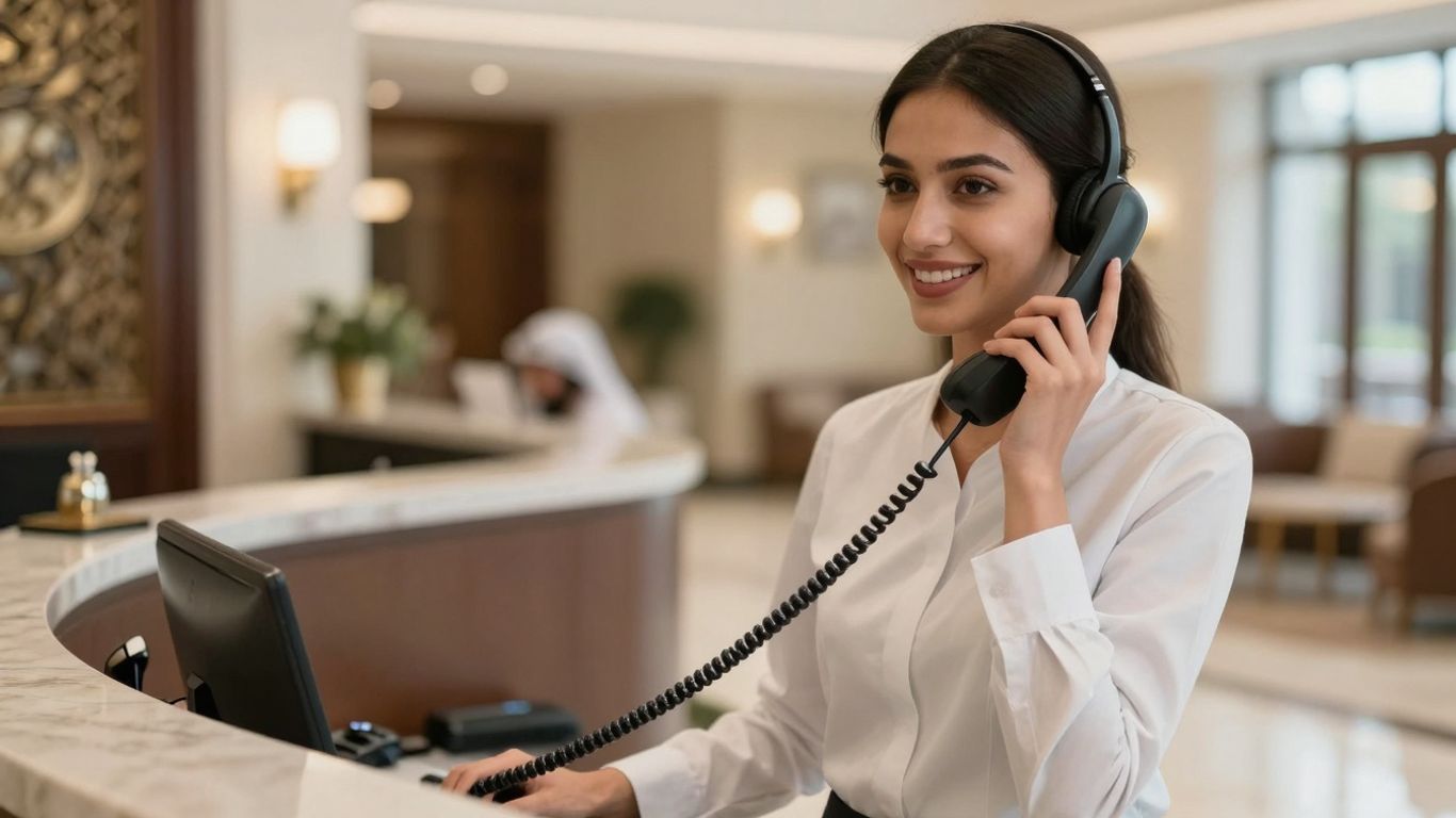 Hotel receptionist answering a phone call with a smile.