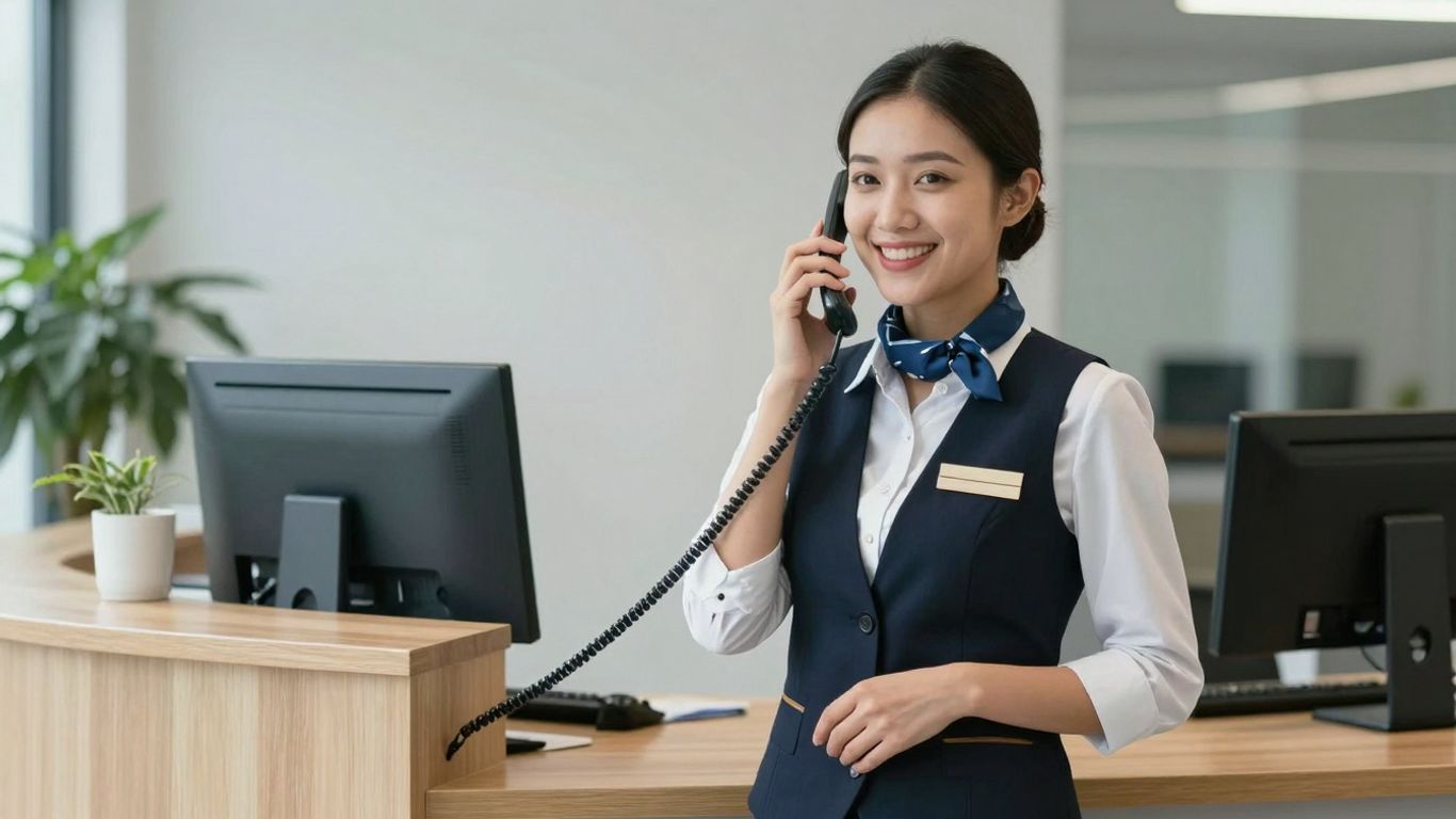 Receptionist answering a phone call with a smile.