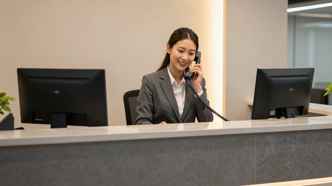 Receptionist answering a phone with a smile.