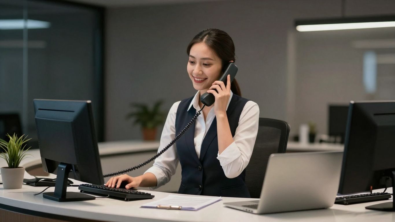 Receptionist answering a phone with a smile.