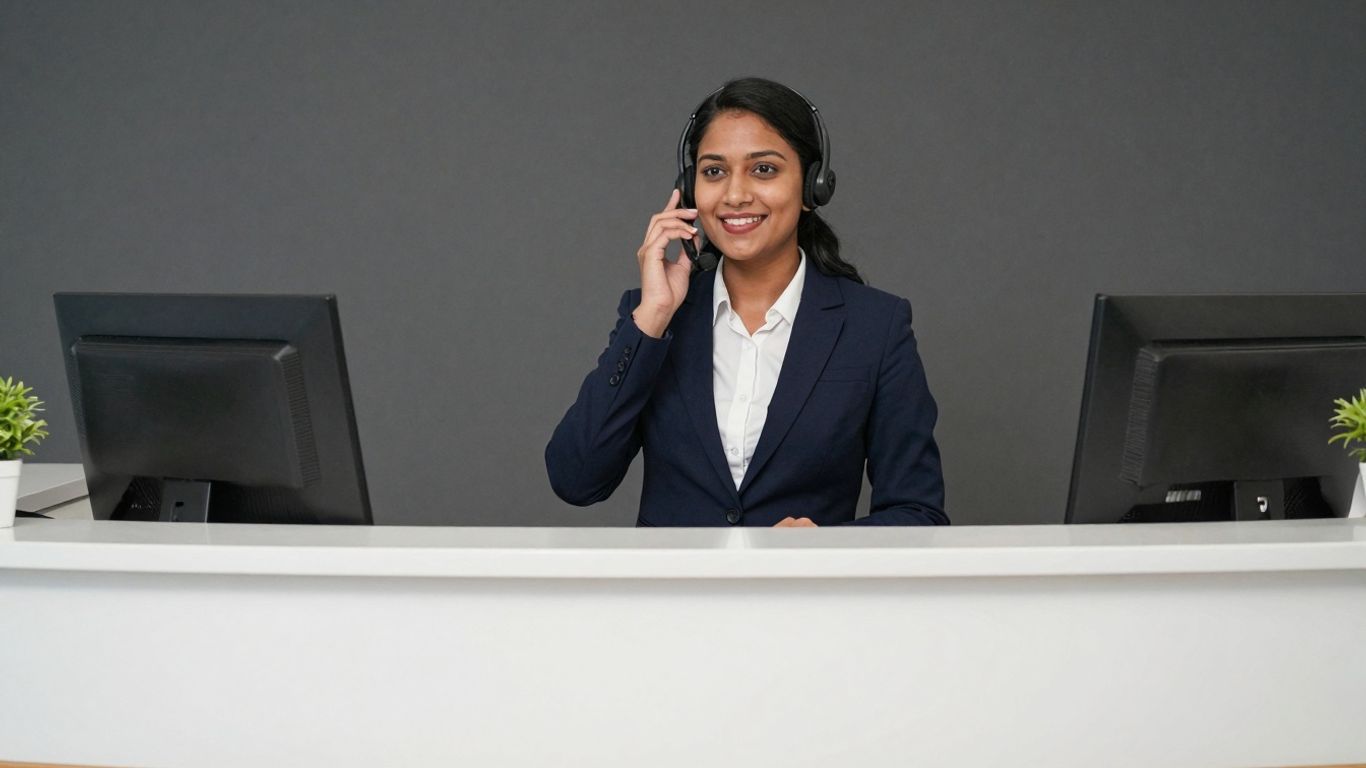Receptionist answering a phone with a headset.