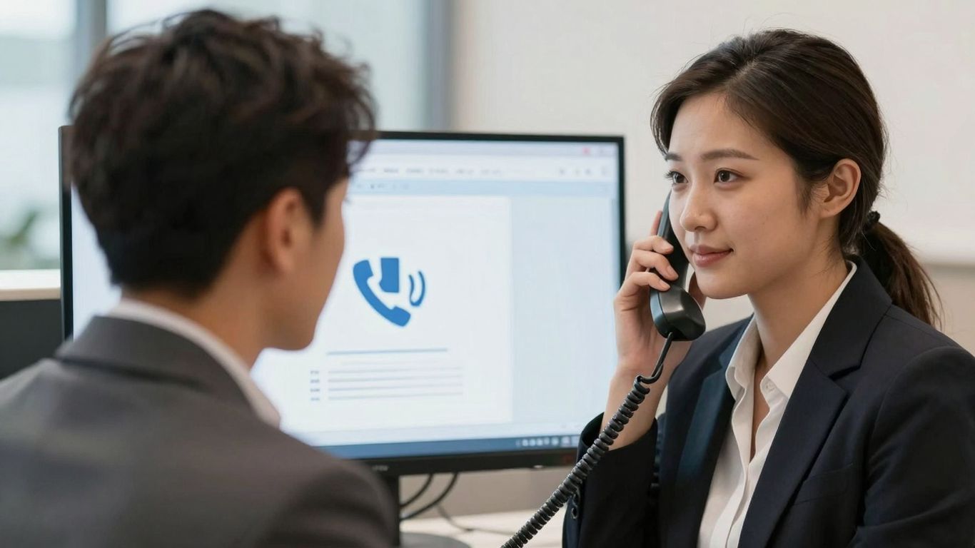 Receptionist managing calls with technology.