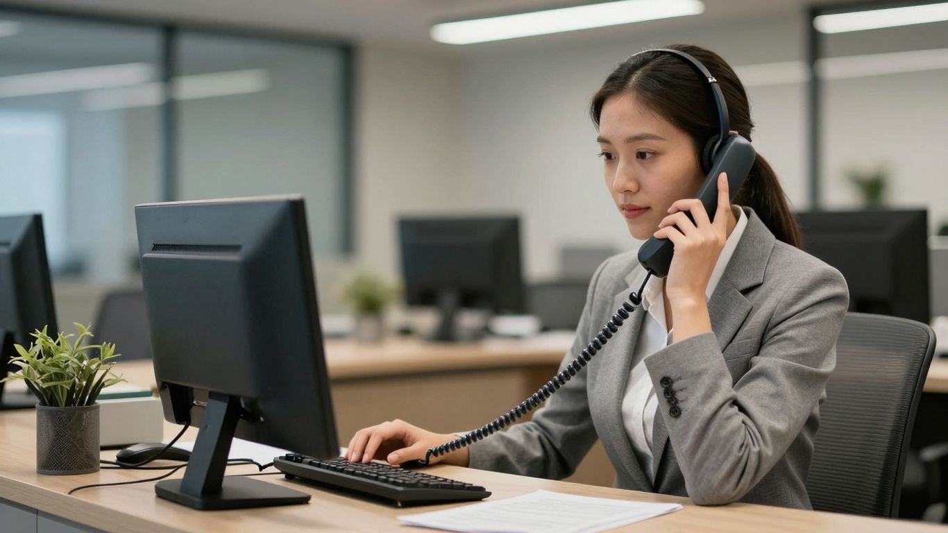 Receptionist answering a phone call at a desk.