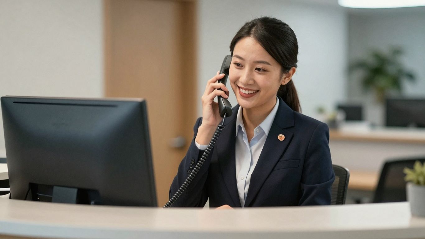Receptionist answering a phone with a smile.