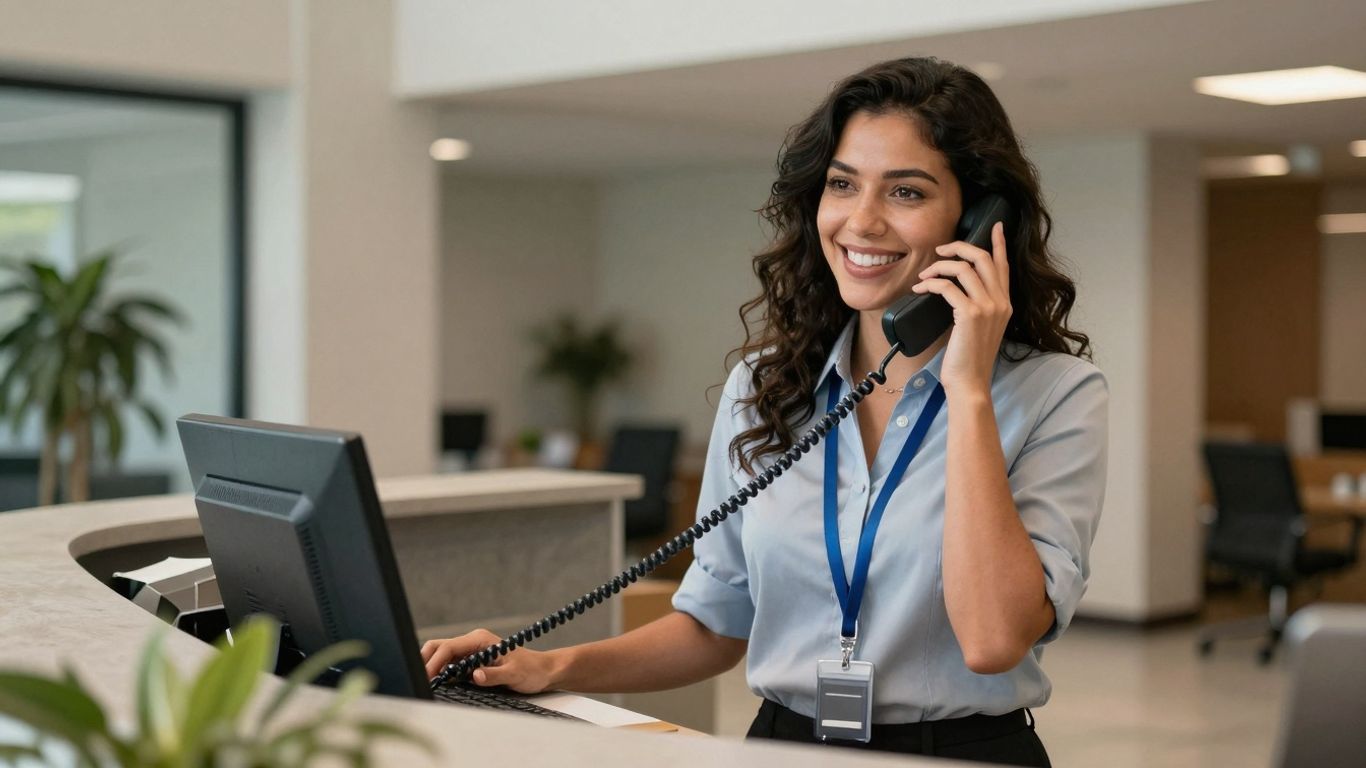Receptionist answering phone with a smile.