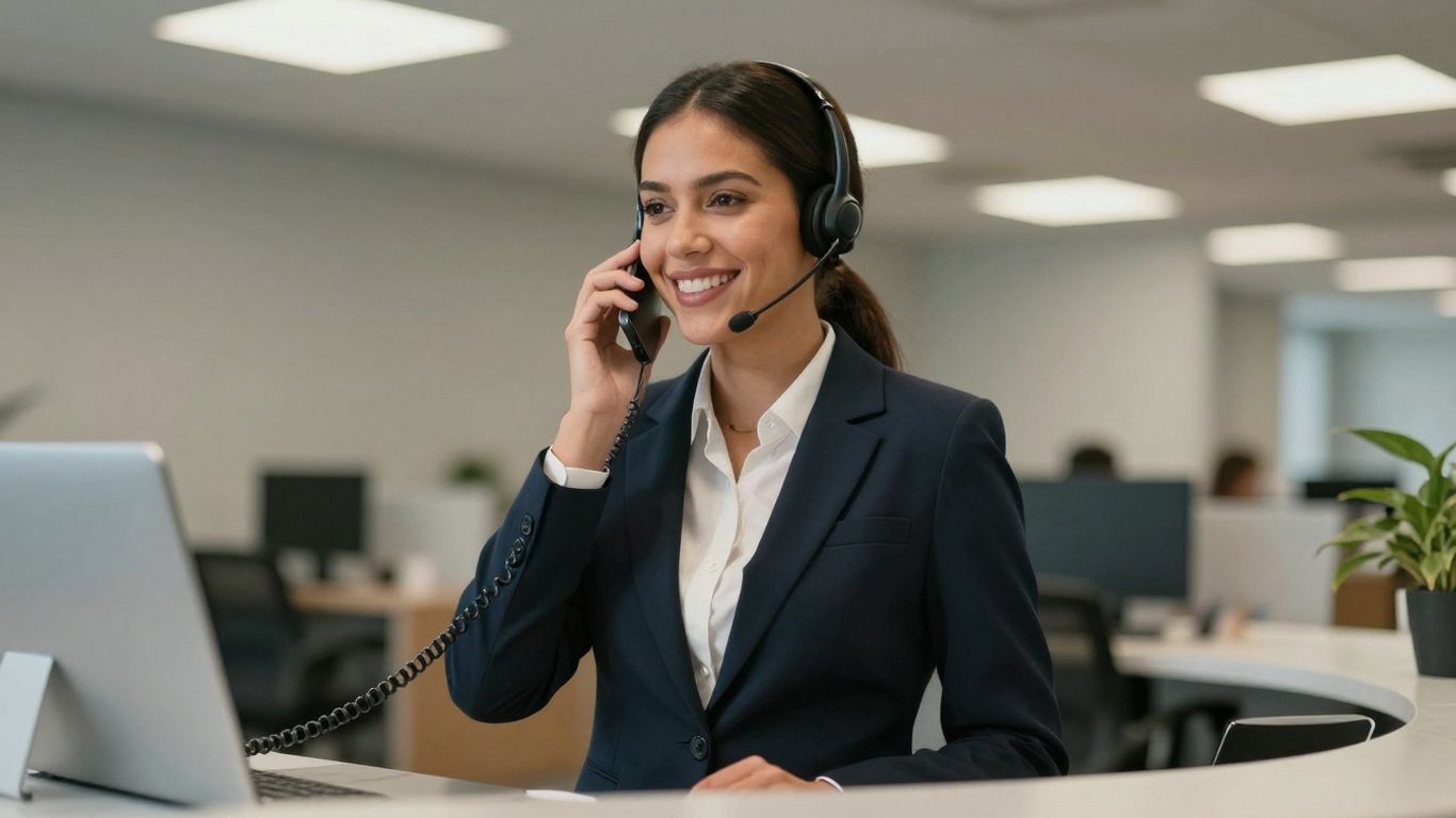 Receptionist answering phone with a smile.