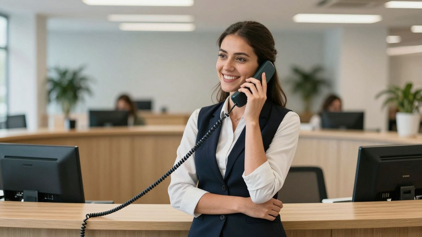 Receptionist answering phone with a smile.