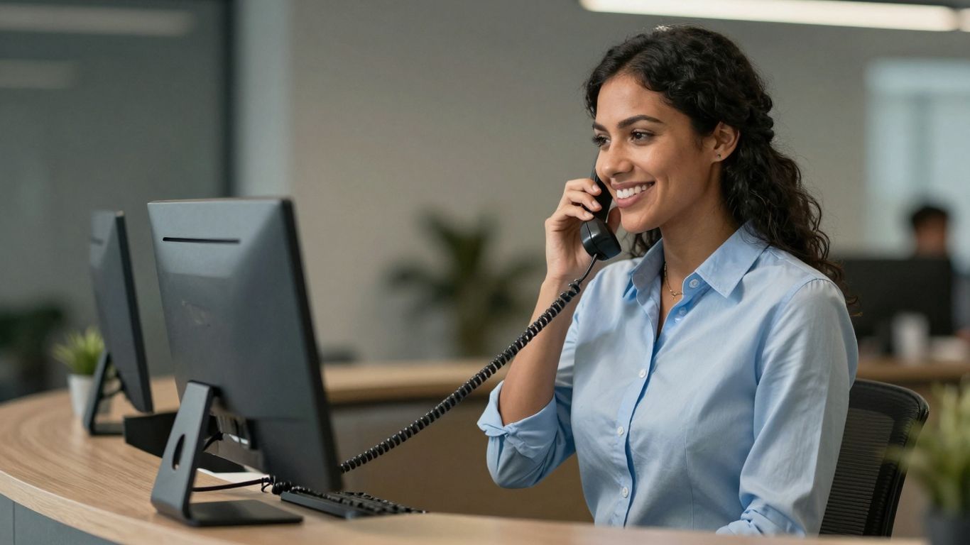 Receptionist answering a phone with a smile.