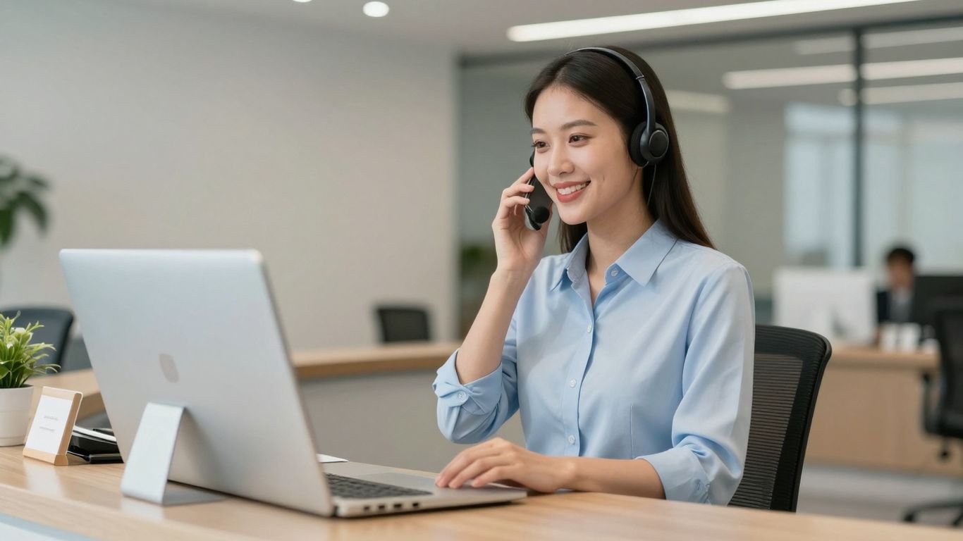 Receptionist answering phone with a smile.