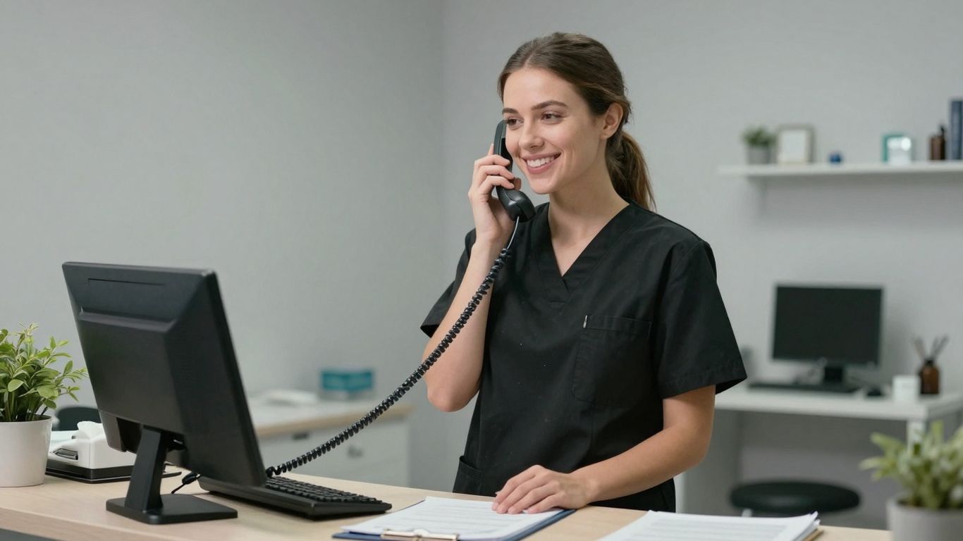Veterinary receptionist on a phone call in a clinic.