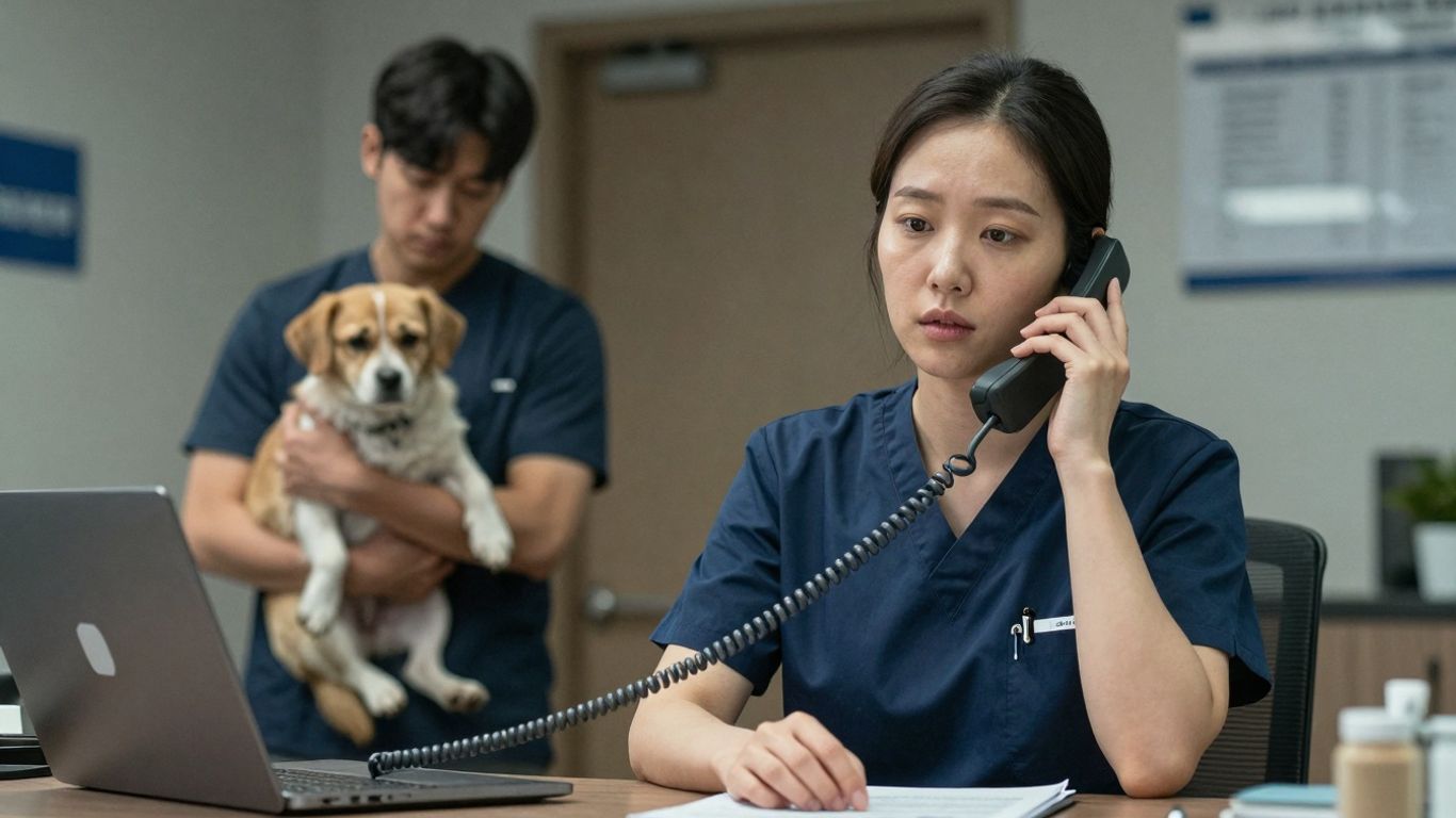 Veterinary receptionist handling an urgent pet emergency call.