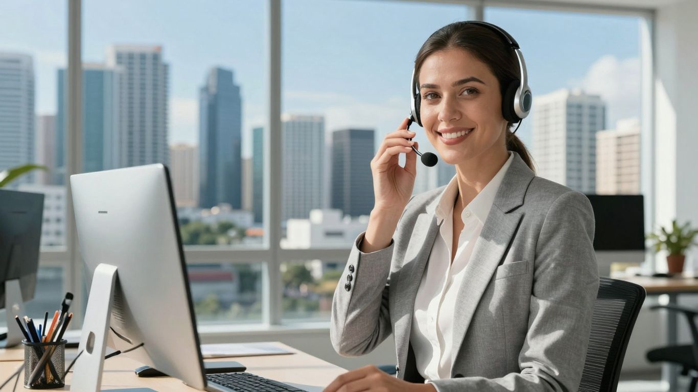 Miami virtual receptionist in a modern office with city view.