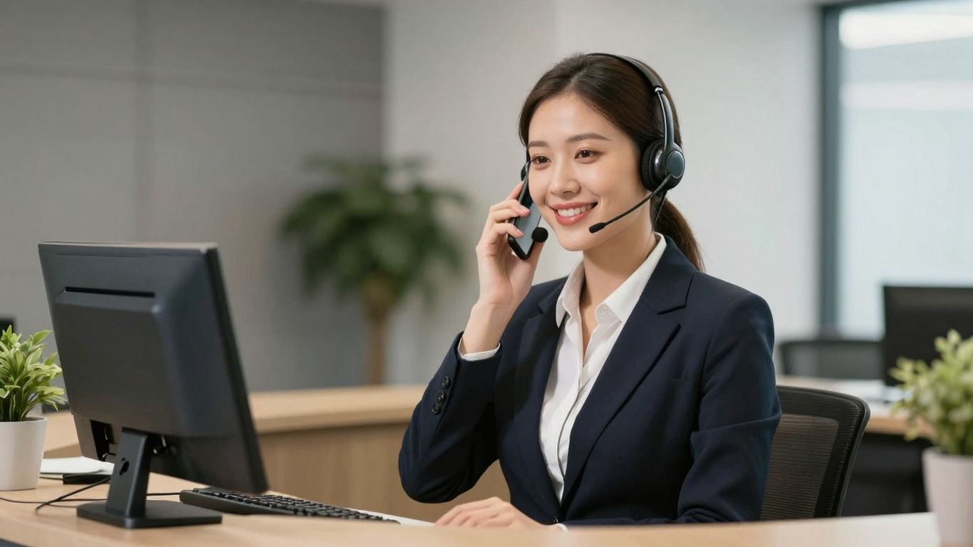Receptionist answering phone with a smile and headset.