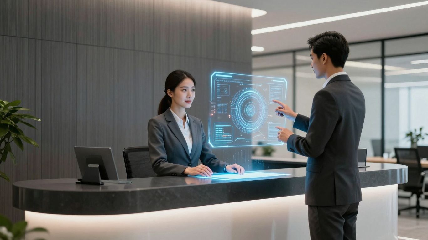 AI receptionist interface in a modern office setting.