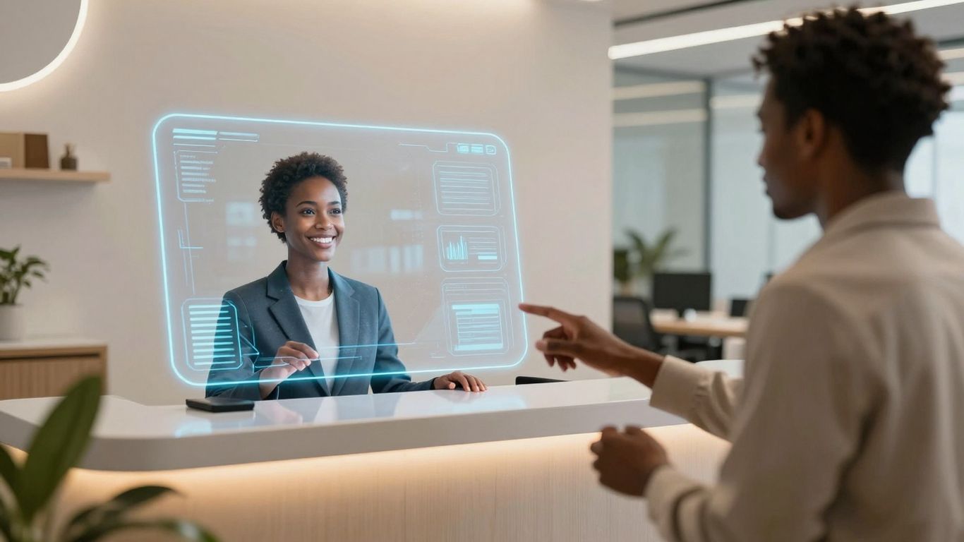 AI receptionist interface with holographic avatar in office.