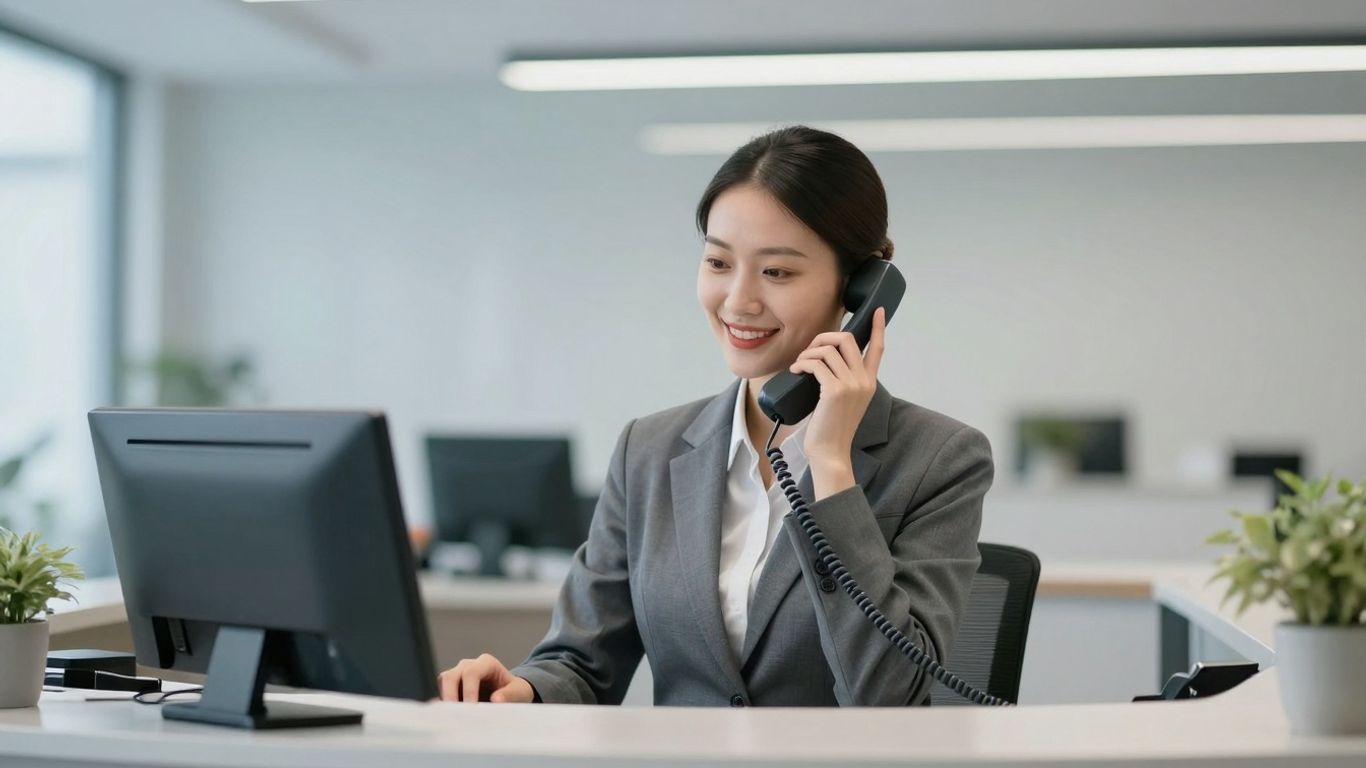 Receptionist confidently answering a phone with a smile.