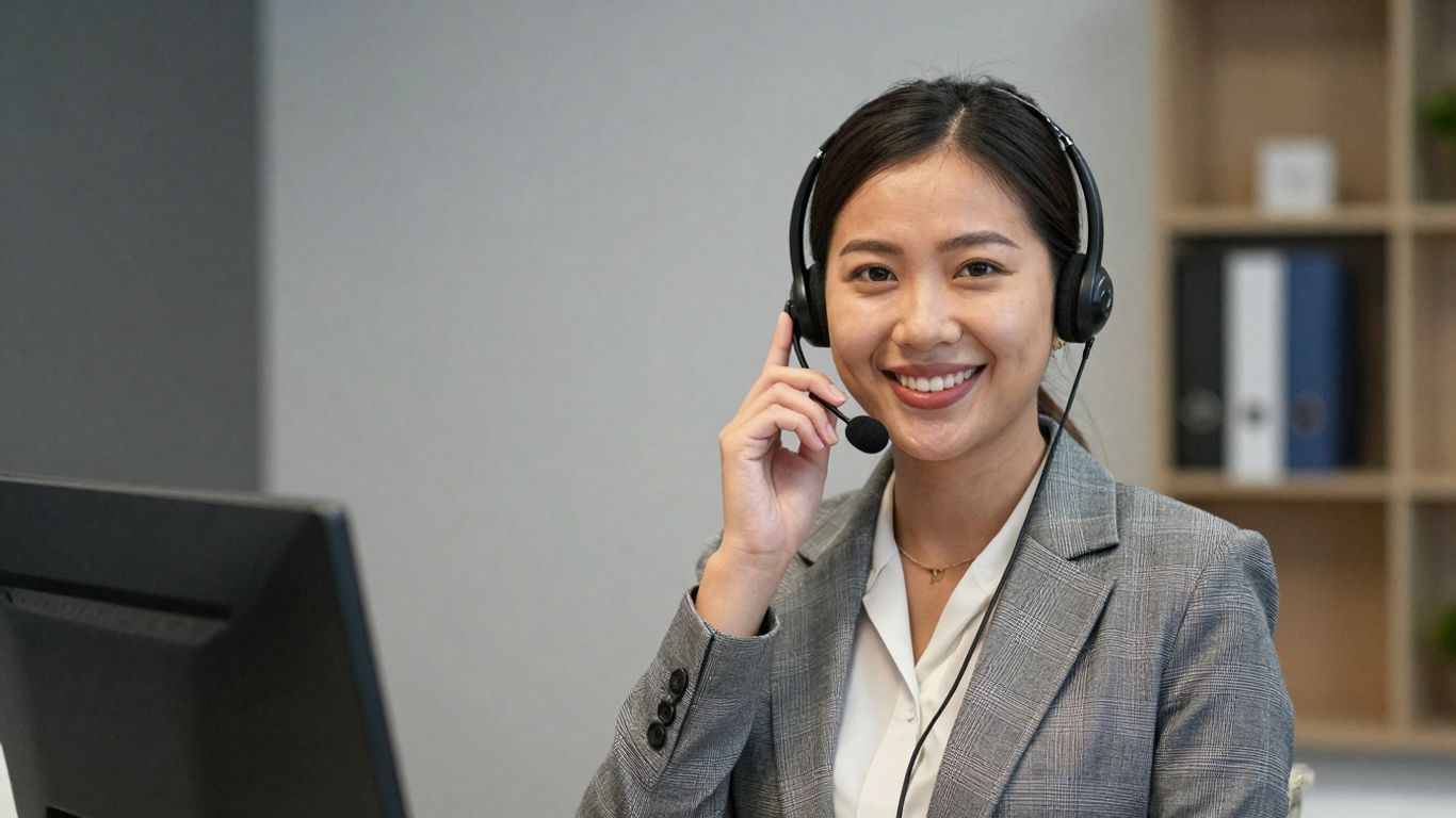 Receptionist answering phone with a smile.