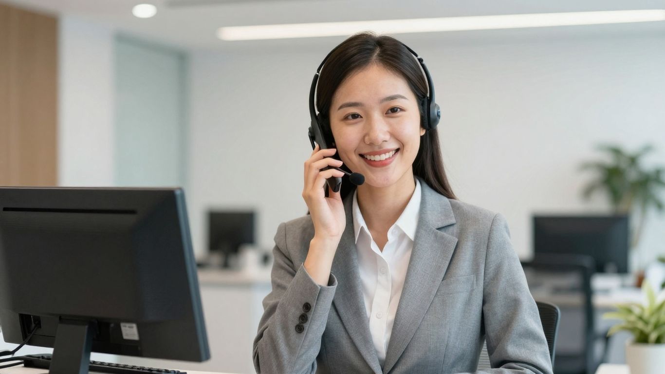 Receptionist answering phone with confidence and a smile.