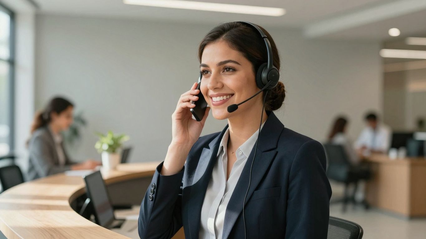 Receptionist answering a phone with a smile.