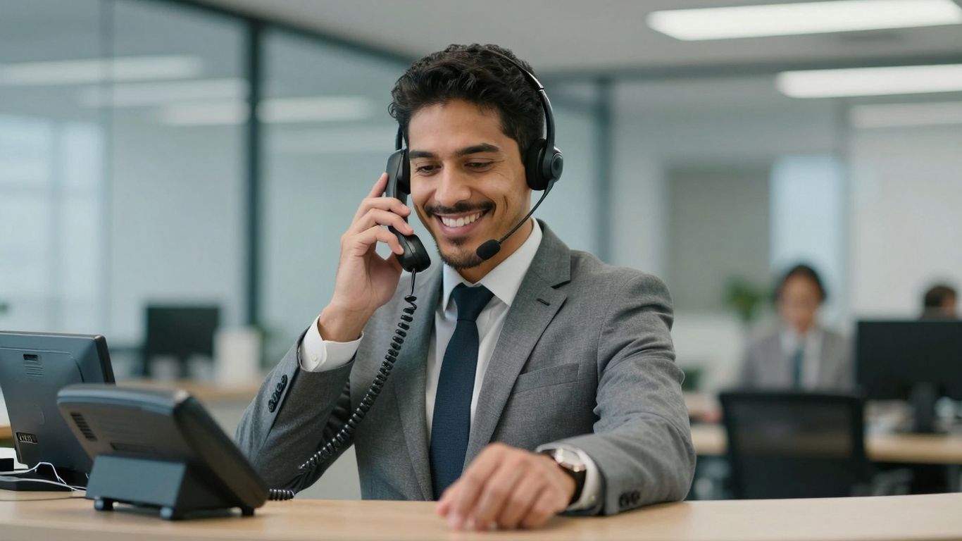 Receptionist answering a phone call with a smile.
