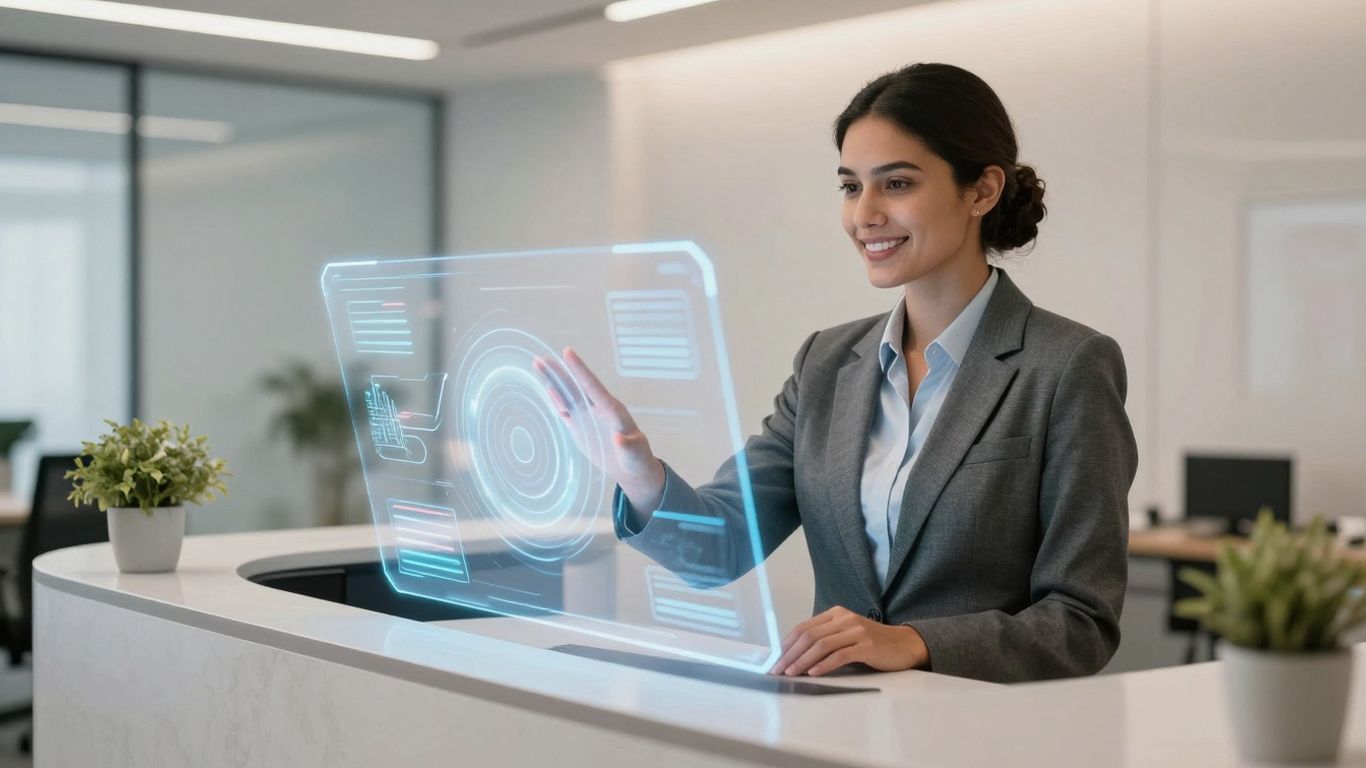 AI receptionist managing calls with holographic interface.