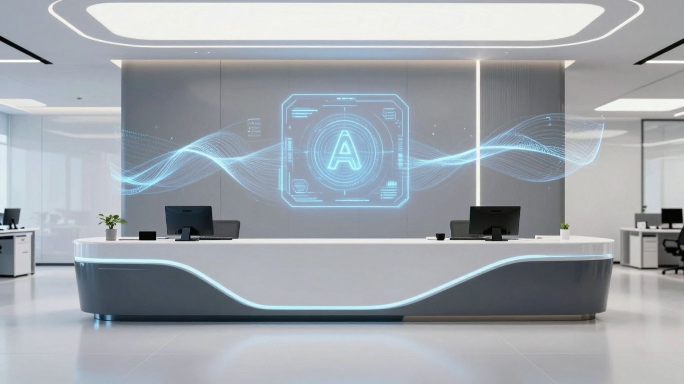 AI receptionist interface in a modern office.
