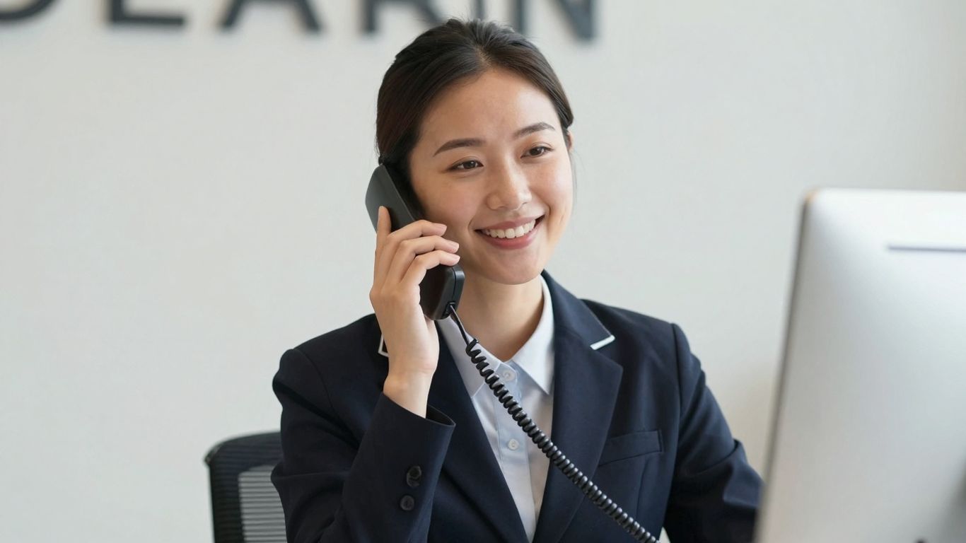 Receptionist answering phone with a smile.