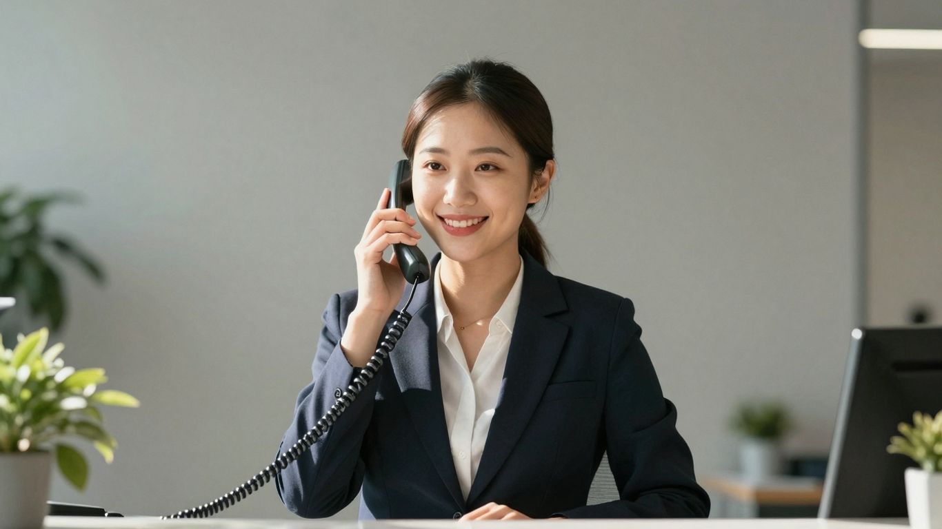 Receptionist answering phone with a smile.