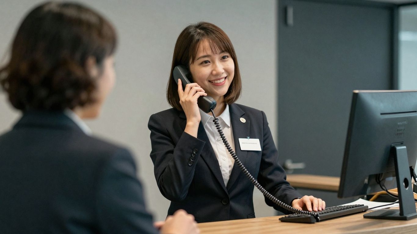 Receptionist answering a phone with a smile.