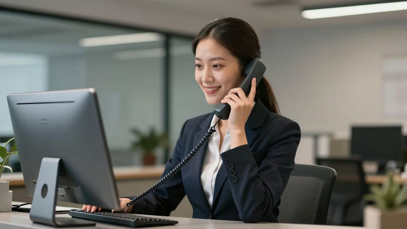 Receptionist answering a modern phone at a desk.