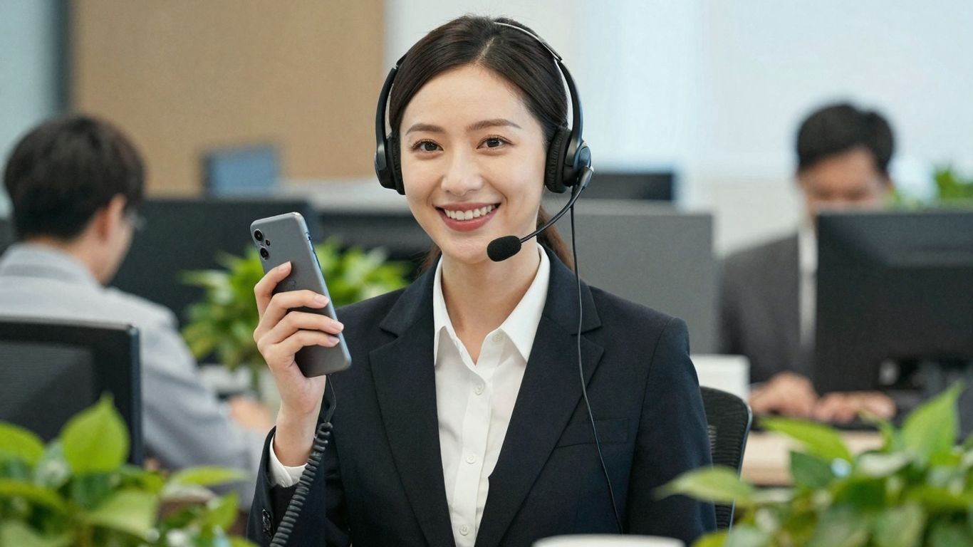 Receptionist with headset using a modern phone.