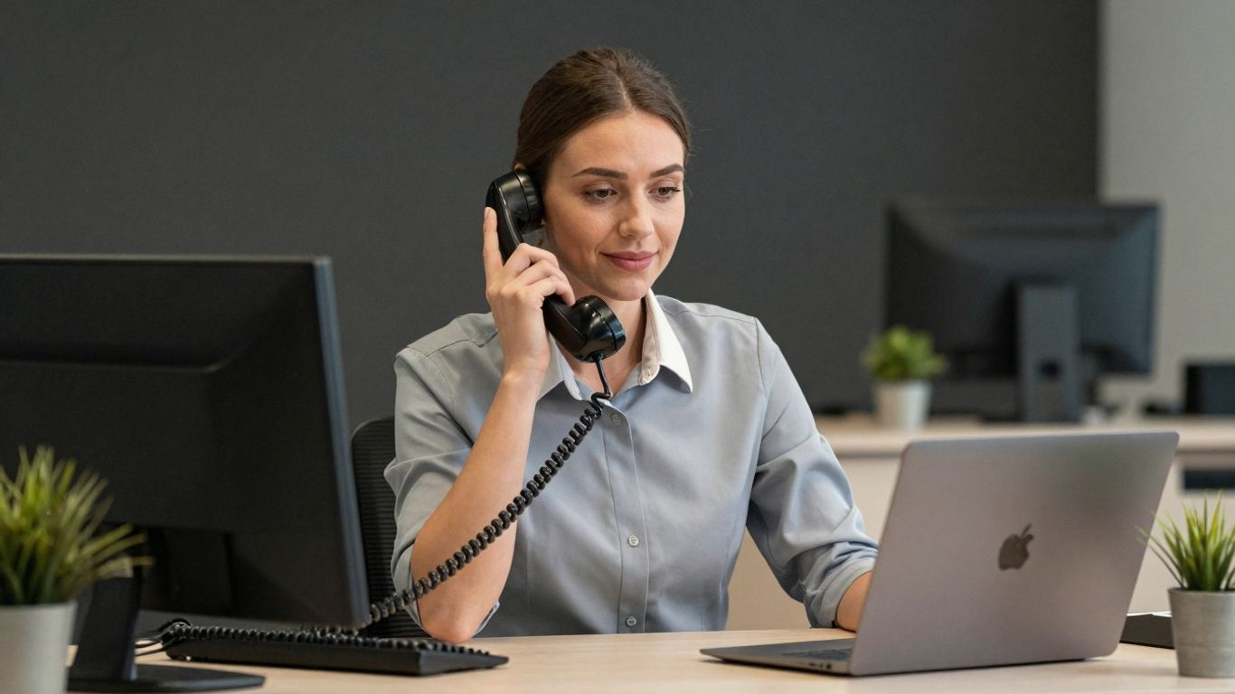 Receptionist on phone, professional office setting.