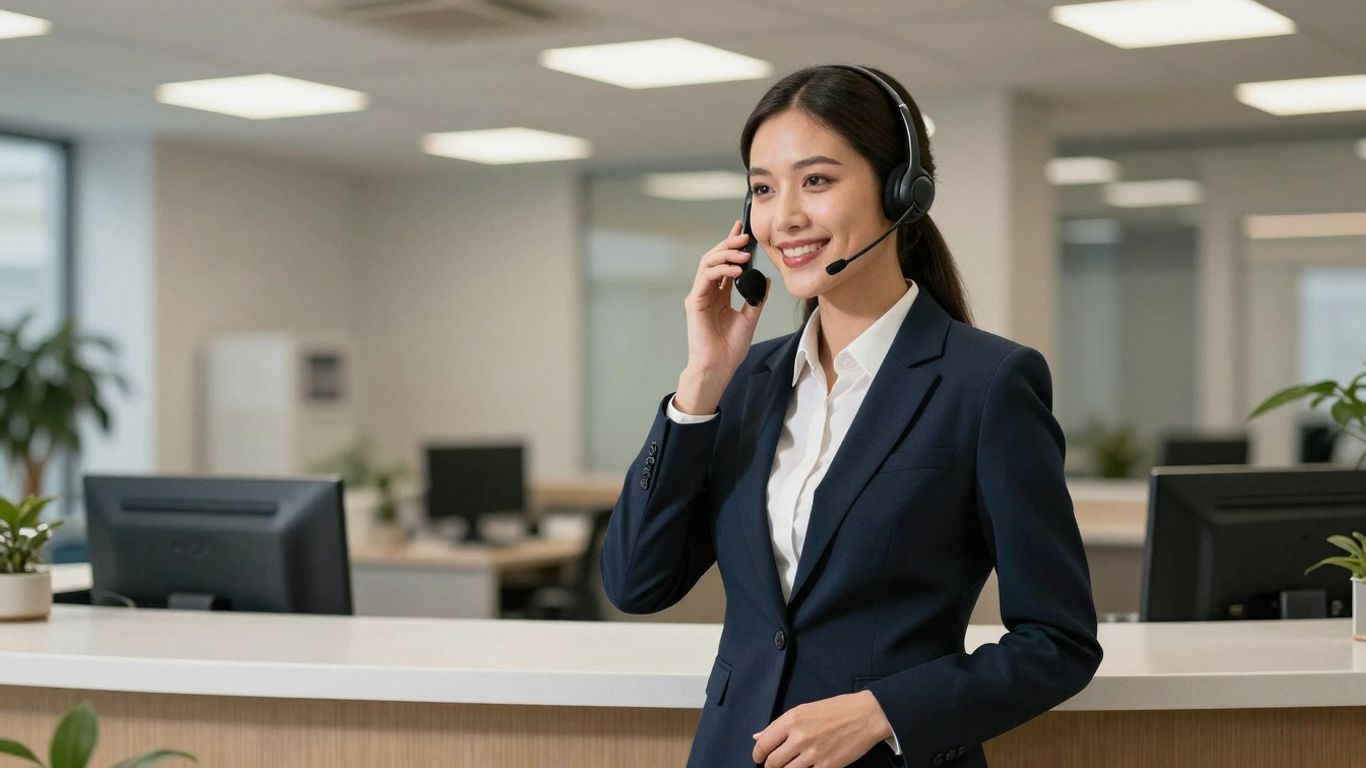 Receptionist answering phone with a smile.