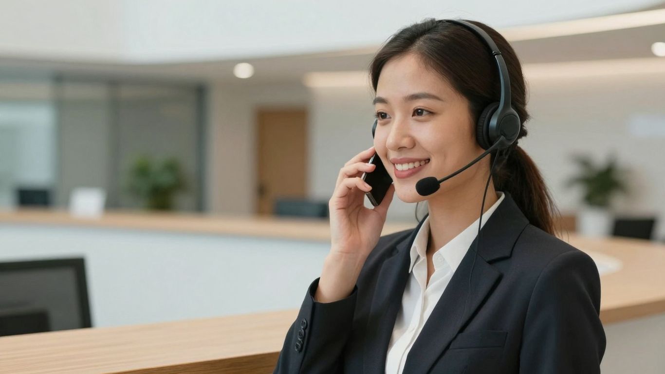 Receptionist answering a phone with a smile.
