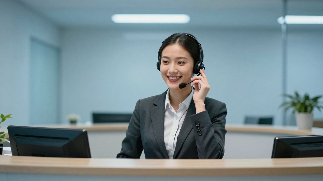 Receptionist answering a phone with a headset.