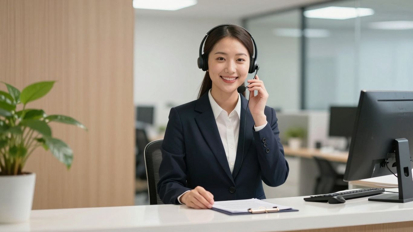 Receptionist talking on phone with a smile.