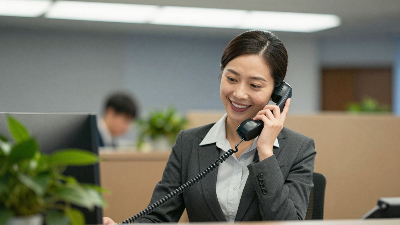 Receptionist speaking professionally on a telephone.