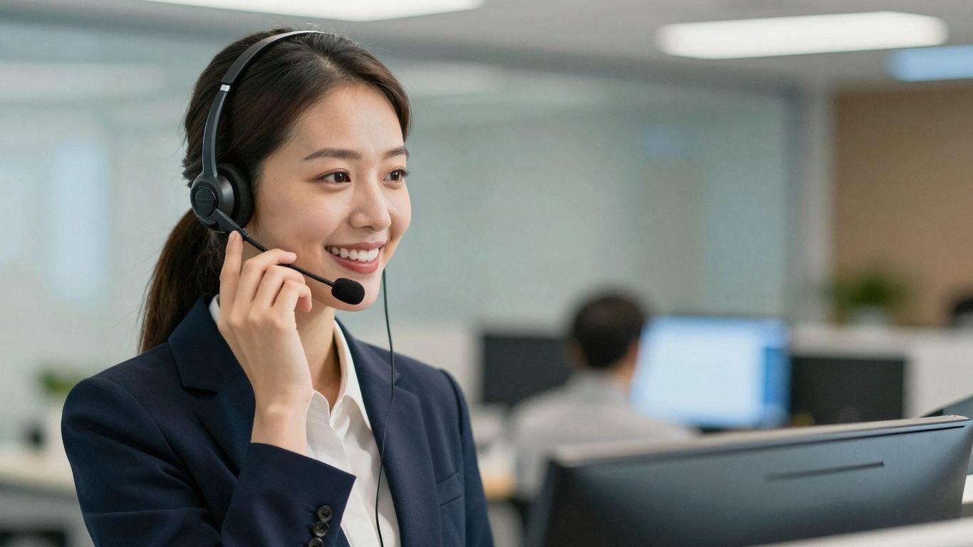 Professional receptionist on phone in modern office.