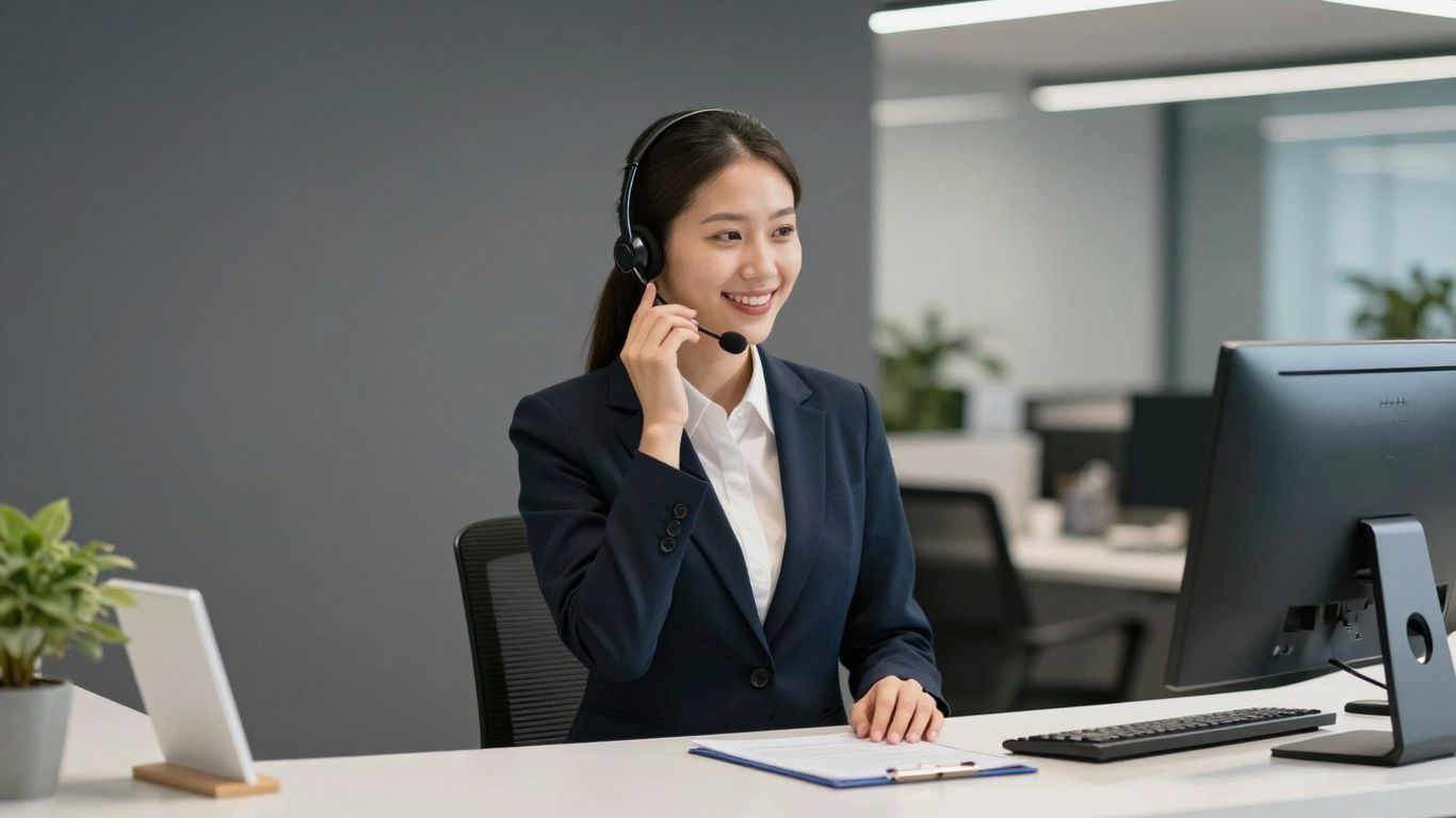 Professional receptionist answering a phone call at a modern desk.