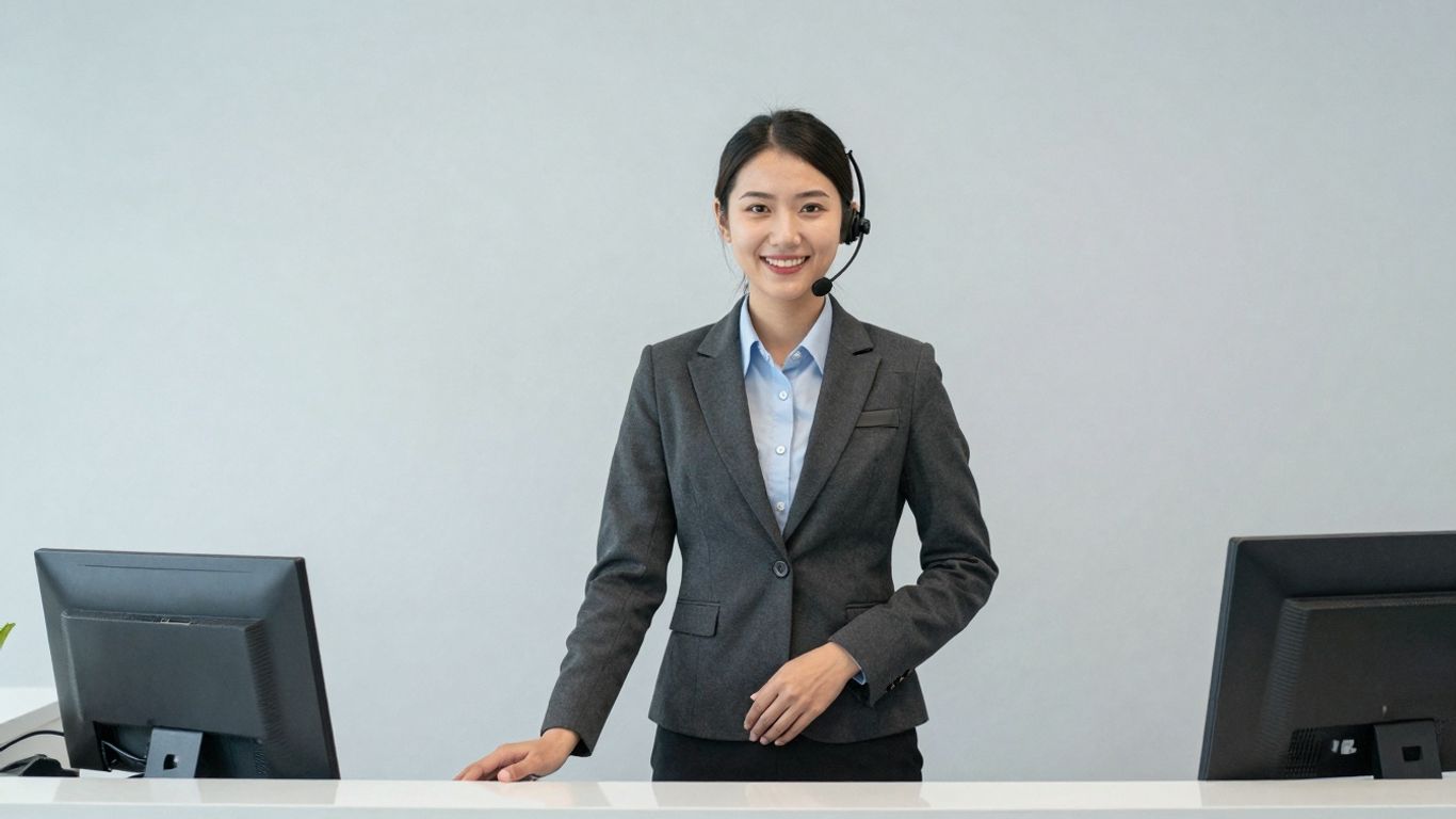 Friendly receptionist graphic with professional office background.