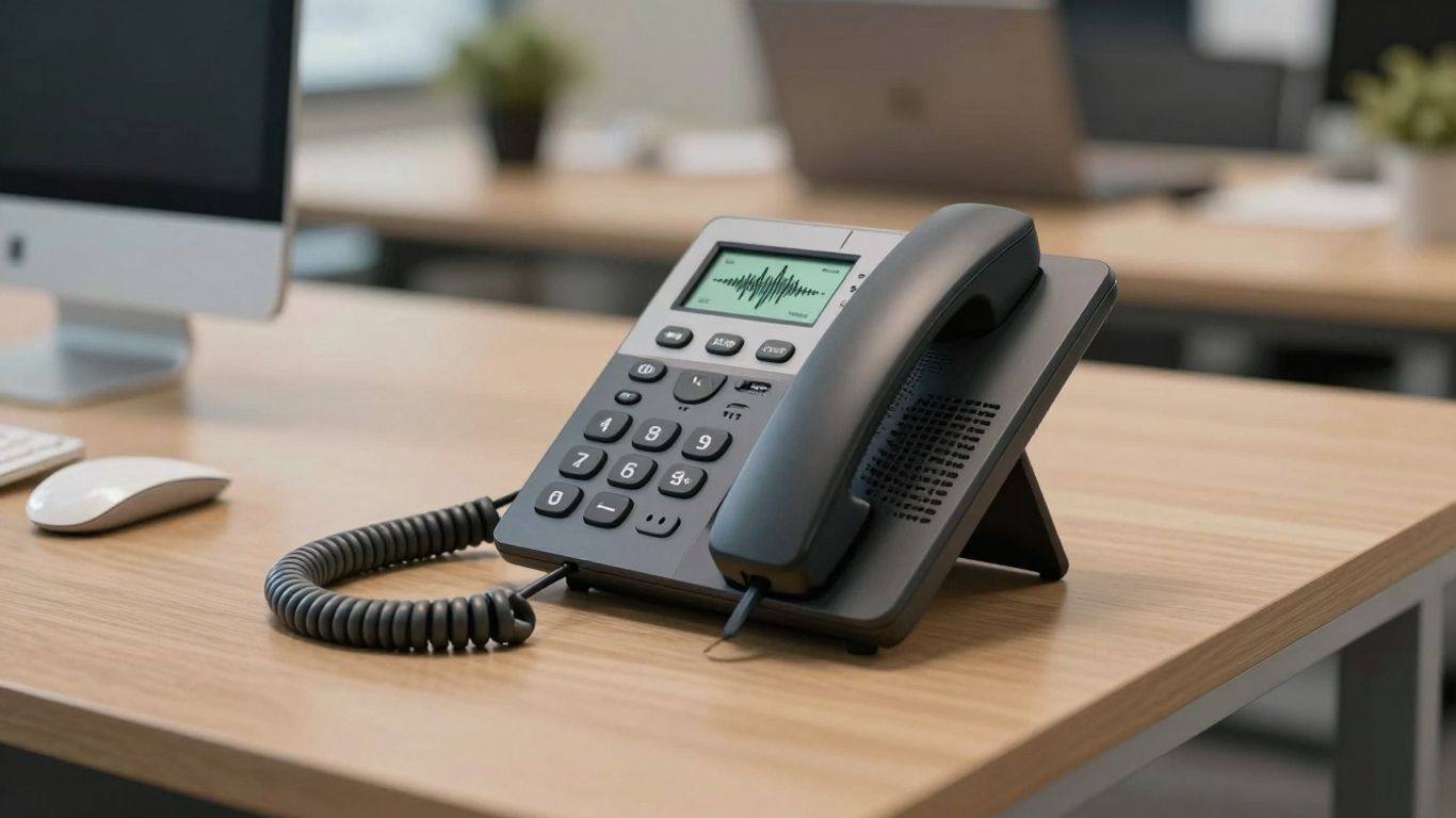 VoIP phone with voicemail icon on desk.