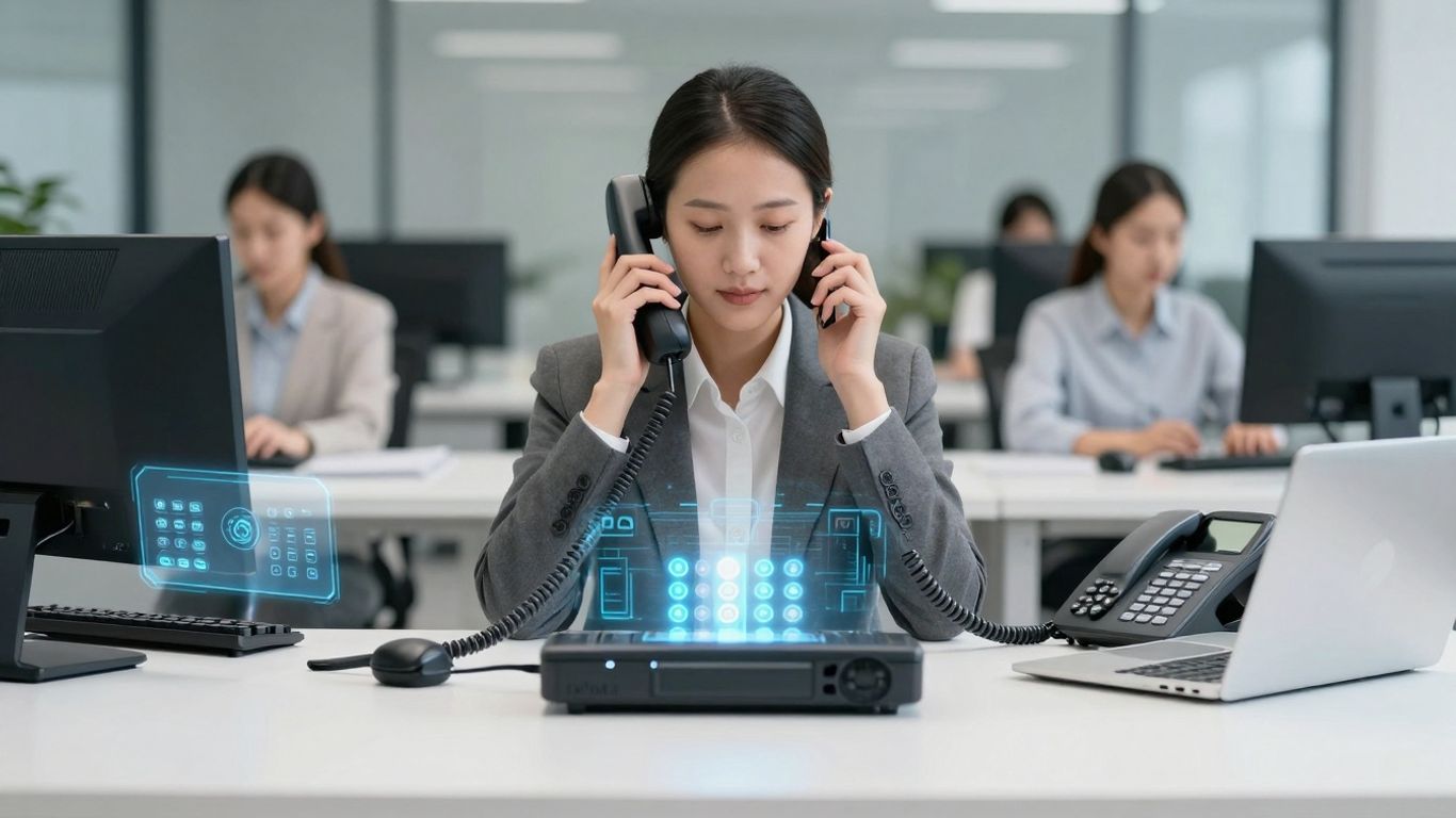 Business person managing multiple calls with AI assistance.