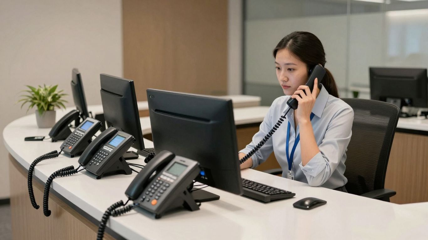 Professional receptionist managing multiple phone lines in an office.
