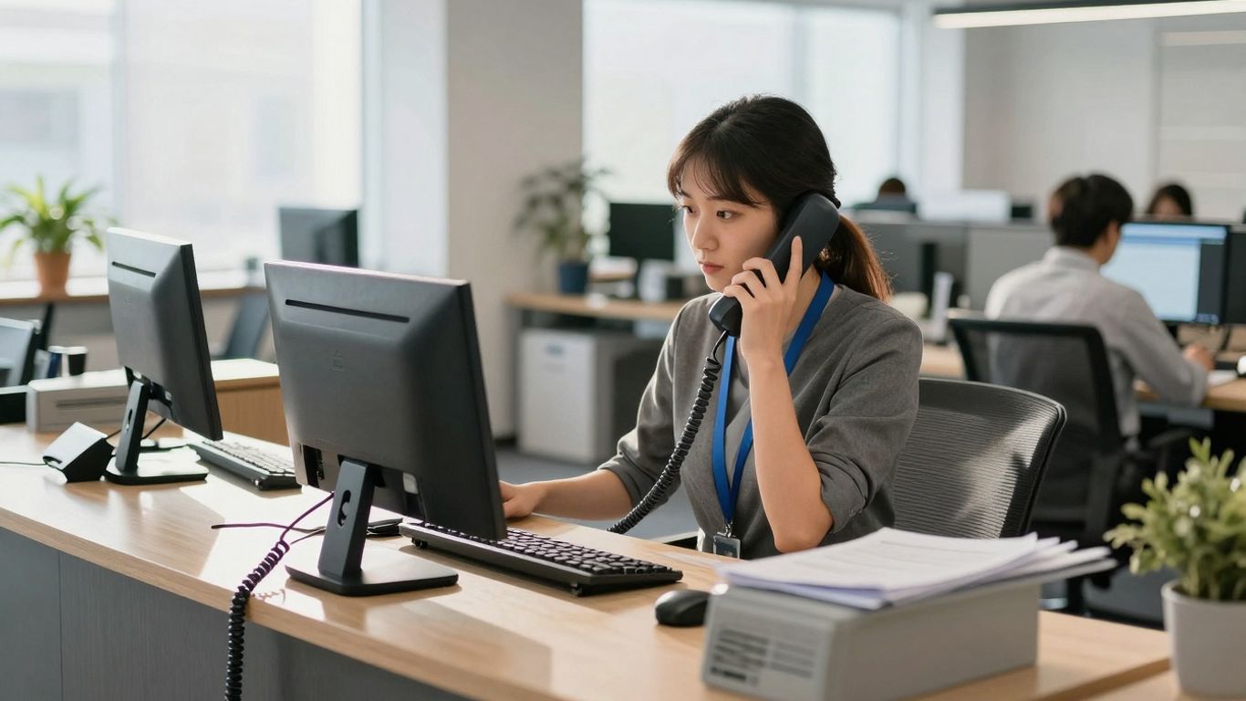 Professional receptionist managing multiple phone lines in a modern office.