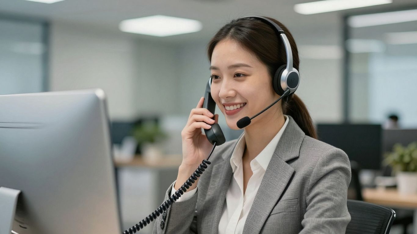 Receptionist with headset answering a phone call.