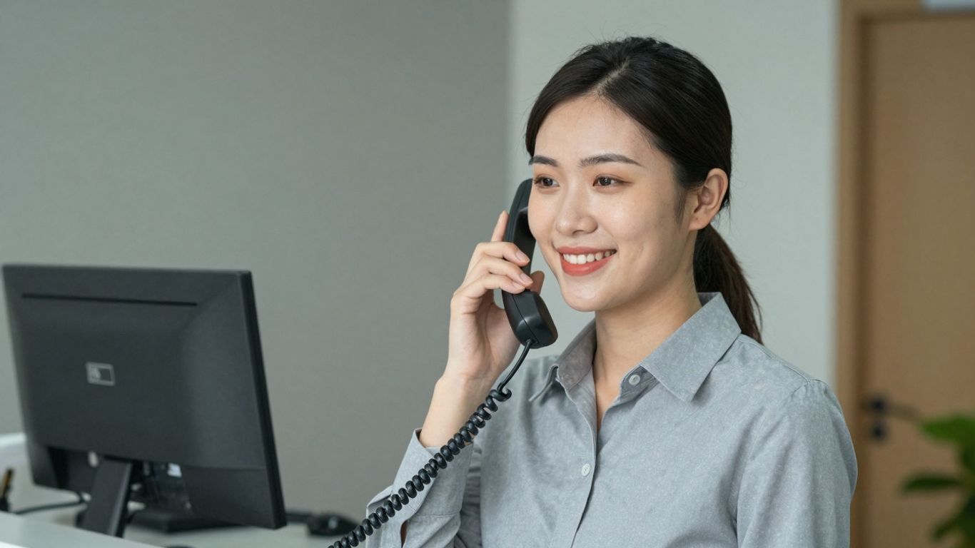 Receptionist answering a business phone call.