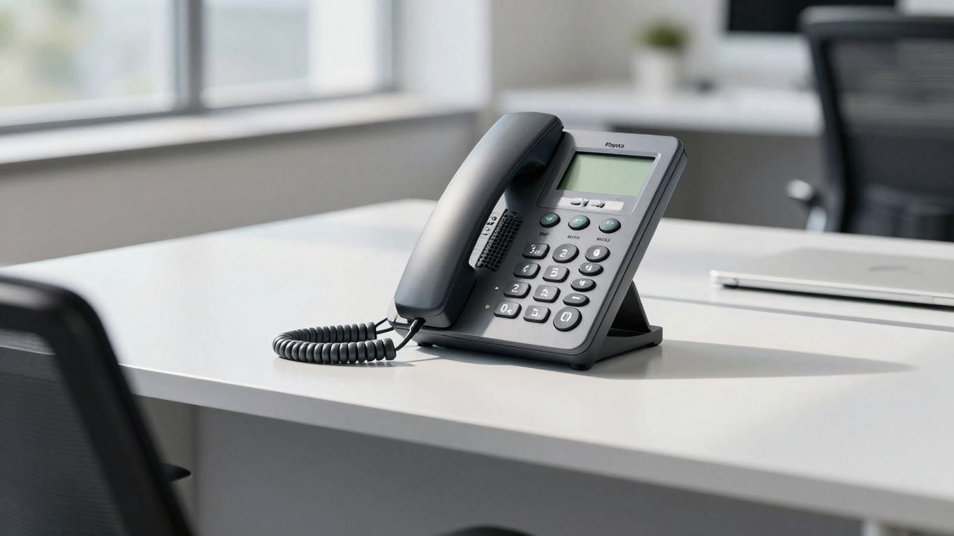Polycom receptionist phone on an office desk.