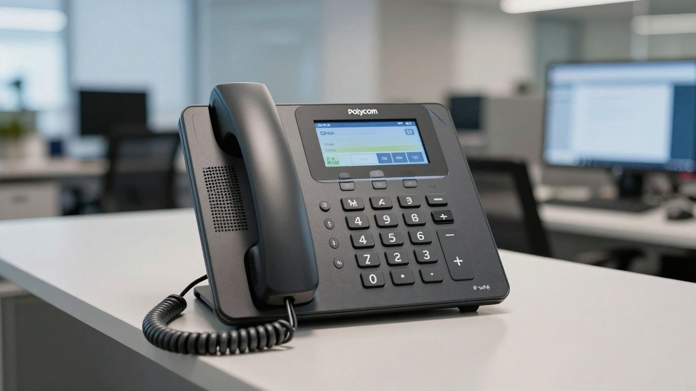 Polycom receptionist phone on an office desk.