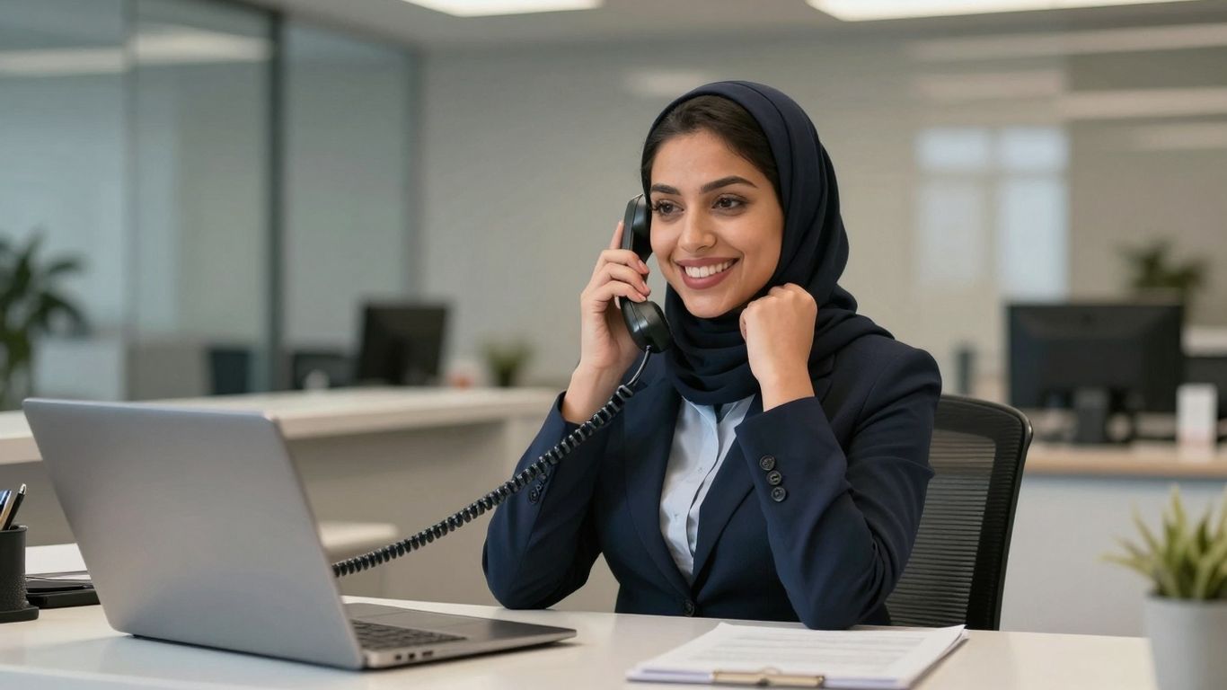 Receptionist smiling while answering a phone at a desk.