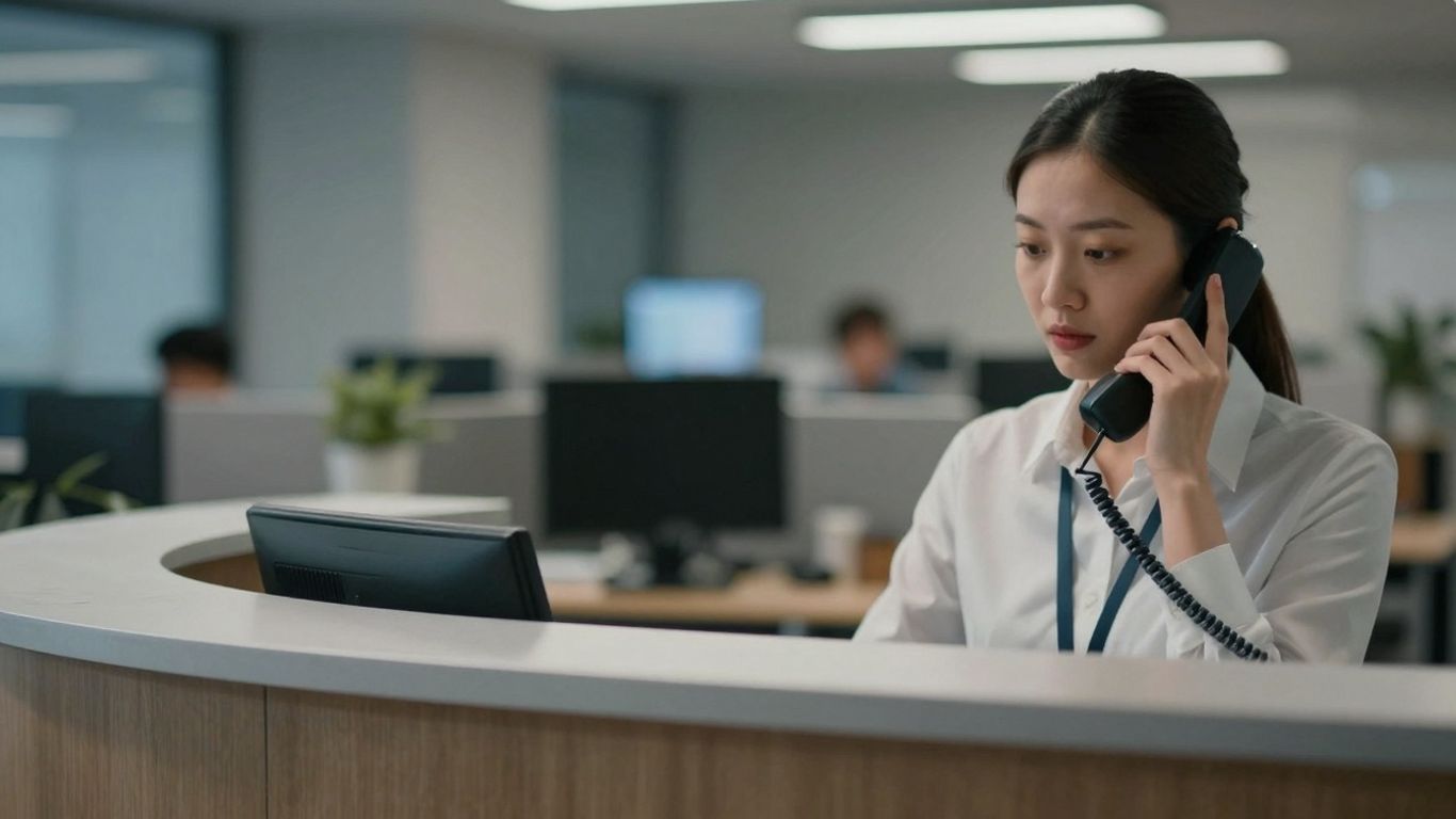 Receptionist on the phone in a dimly lit office.
